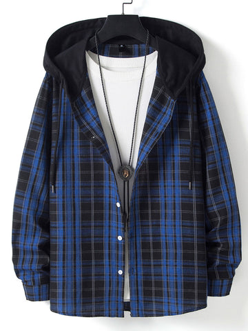 Contrast Hooded Plaid Shirt